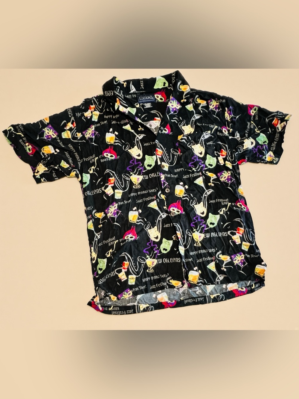 Basic Editions Black Short-Sleeve Button-Down with Colorful Mardi Gras Themed